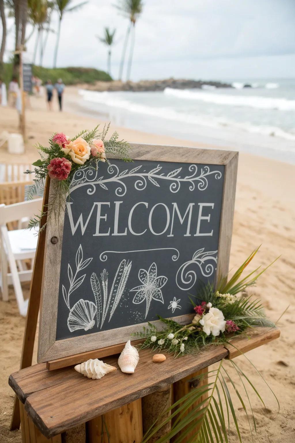 An informal slate board with hand-drawn designs, a great fit for a beachside wedding.