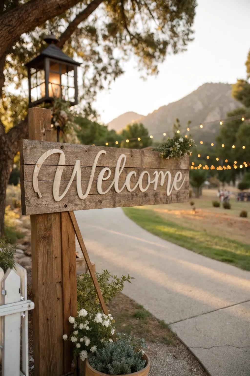 A wooden welcome sign establishes the vibe for a western festival.
