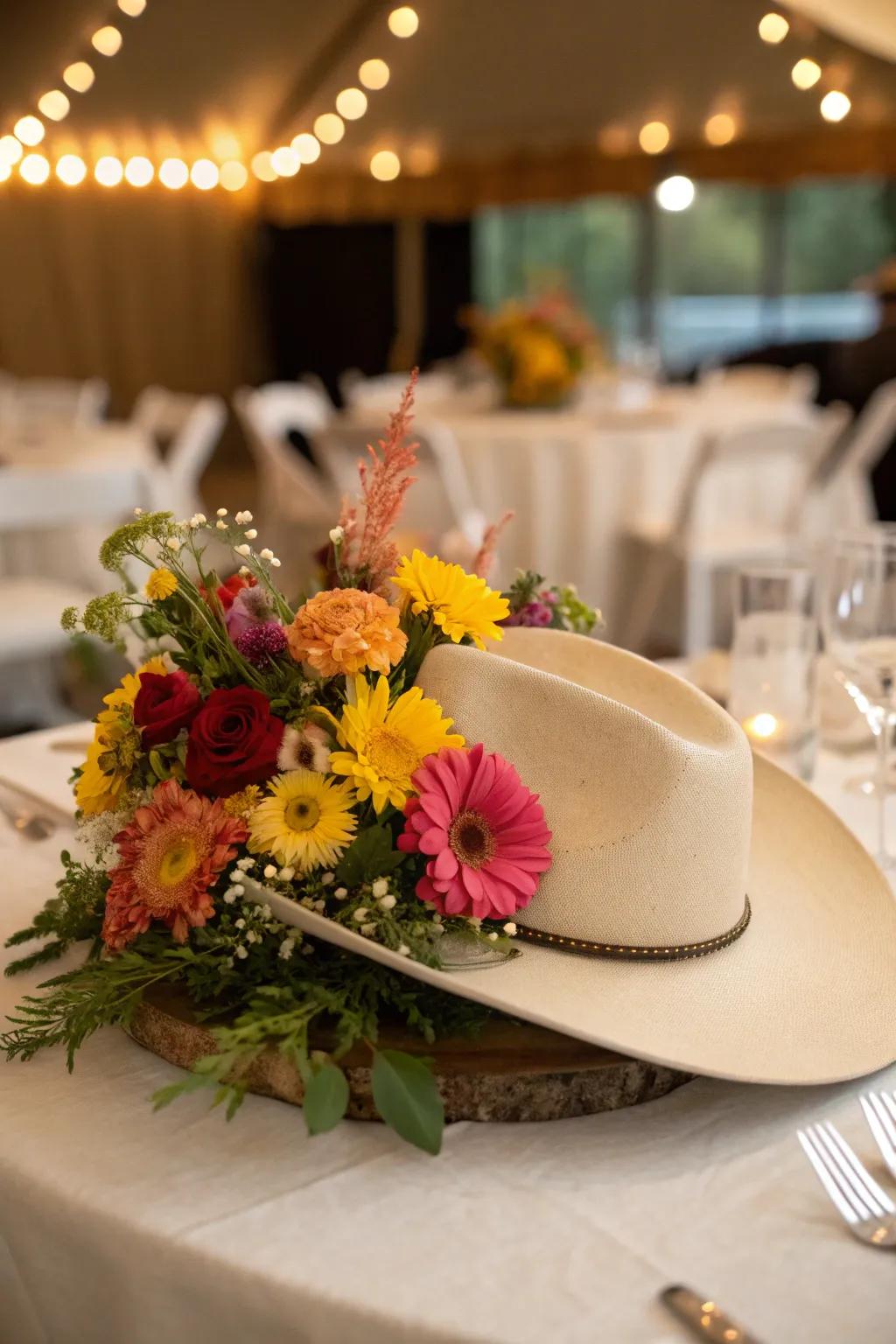 A cowboy hat overflowing with blossoms constitutes a distinctive and captivating centerpiece.