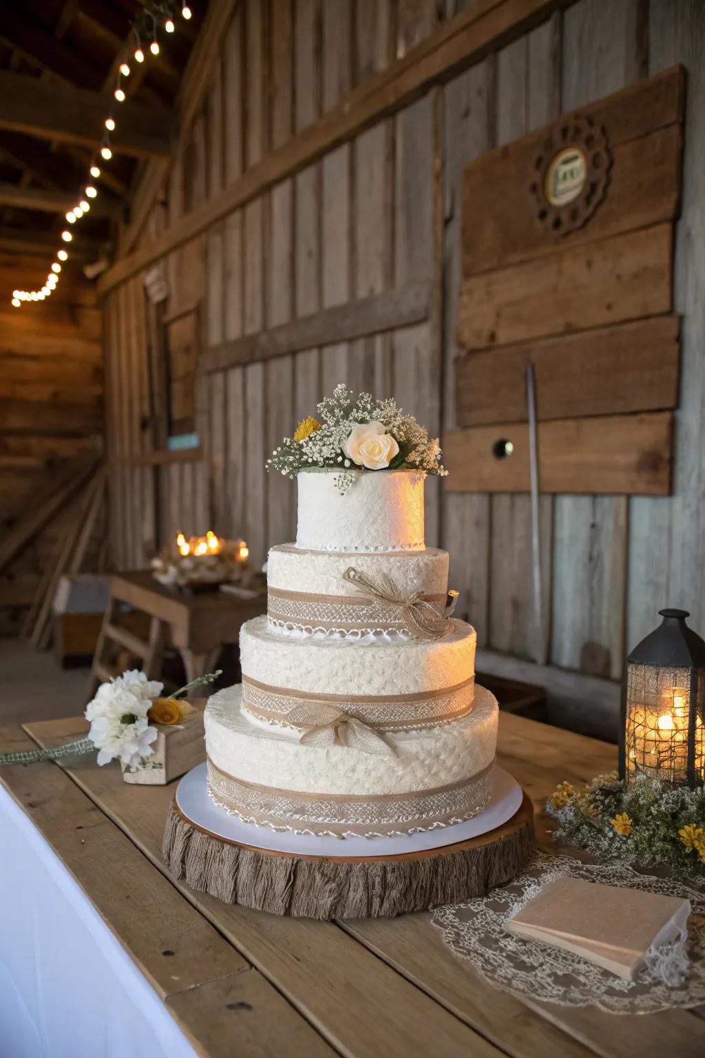 Cake draped in fabric and twine for a country aesthetic.
