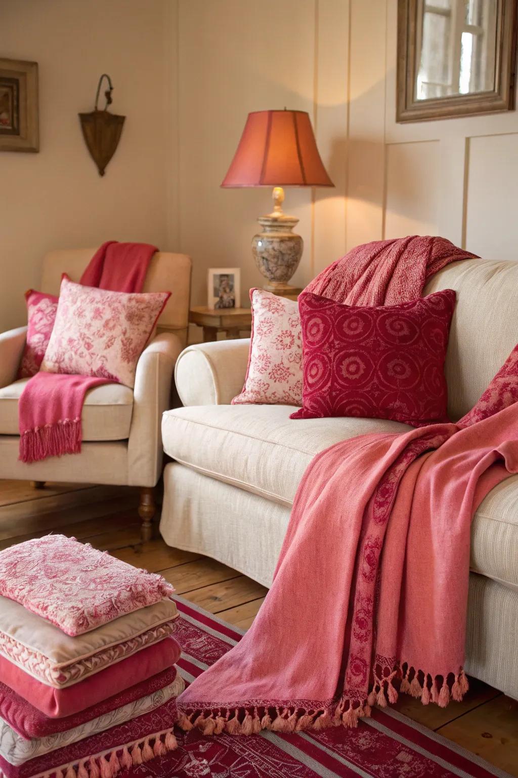 Living room showcasing decor elements in varying shades of pink and soft red.