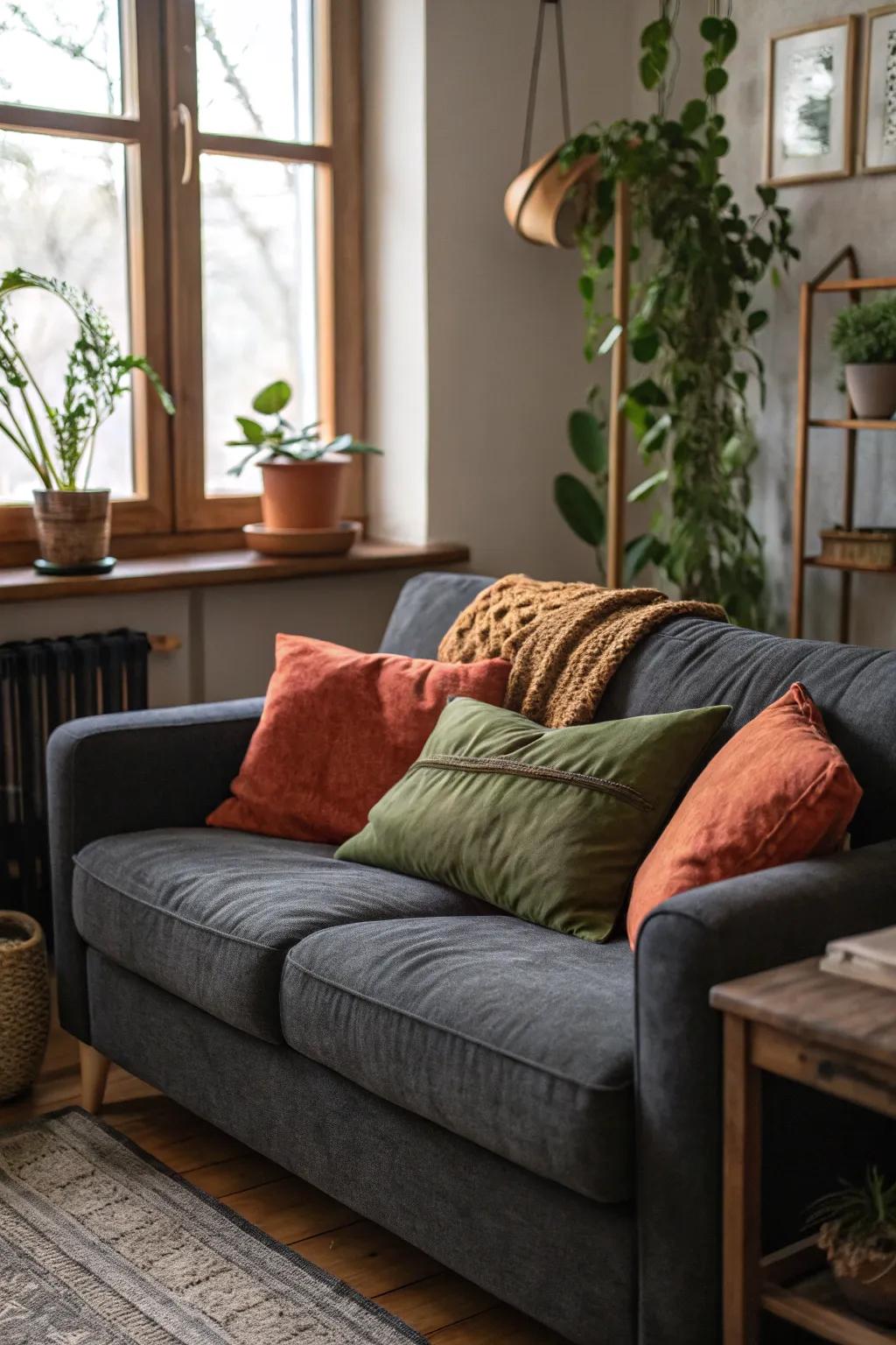 Earthy-toned pillows bring warmth and coziness to a dark grey sofa.