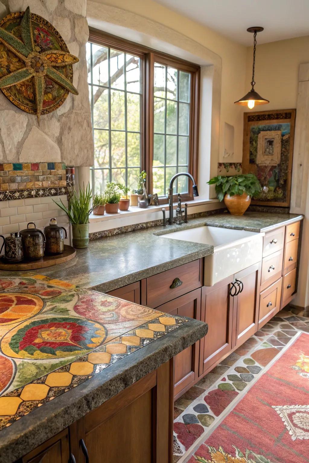 Exotic rock countertops morph your cooking space into an artistic display.