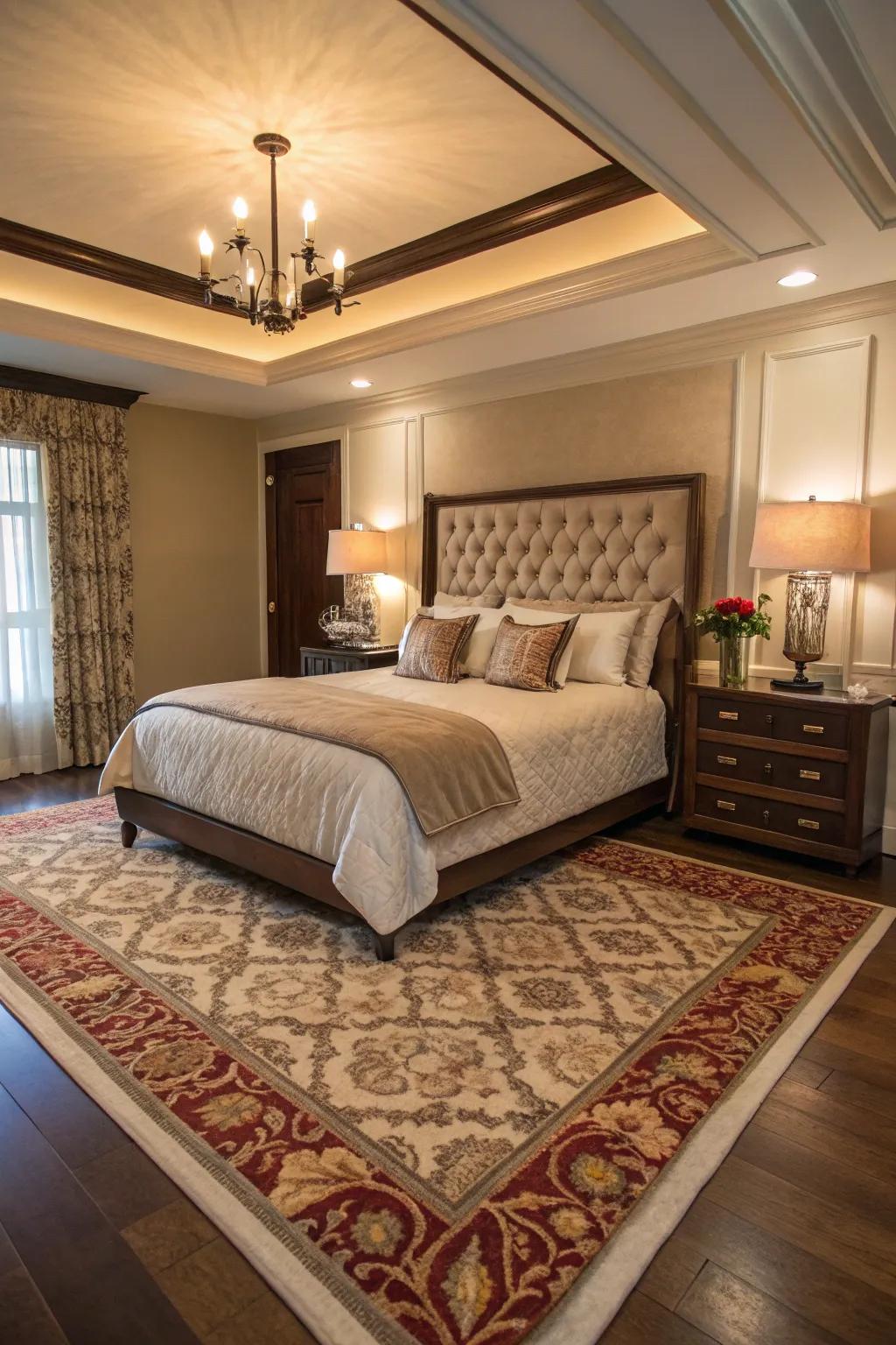 A 7x10 rug enriches a spacious bedroom scene with depth and a hint of luxury.