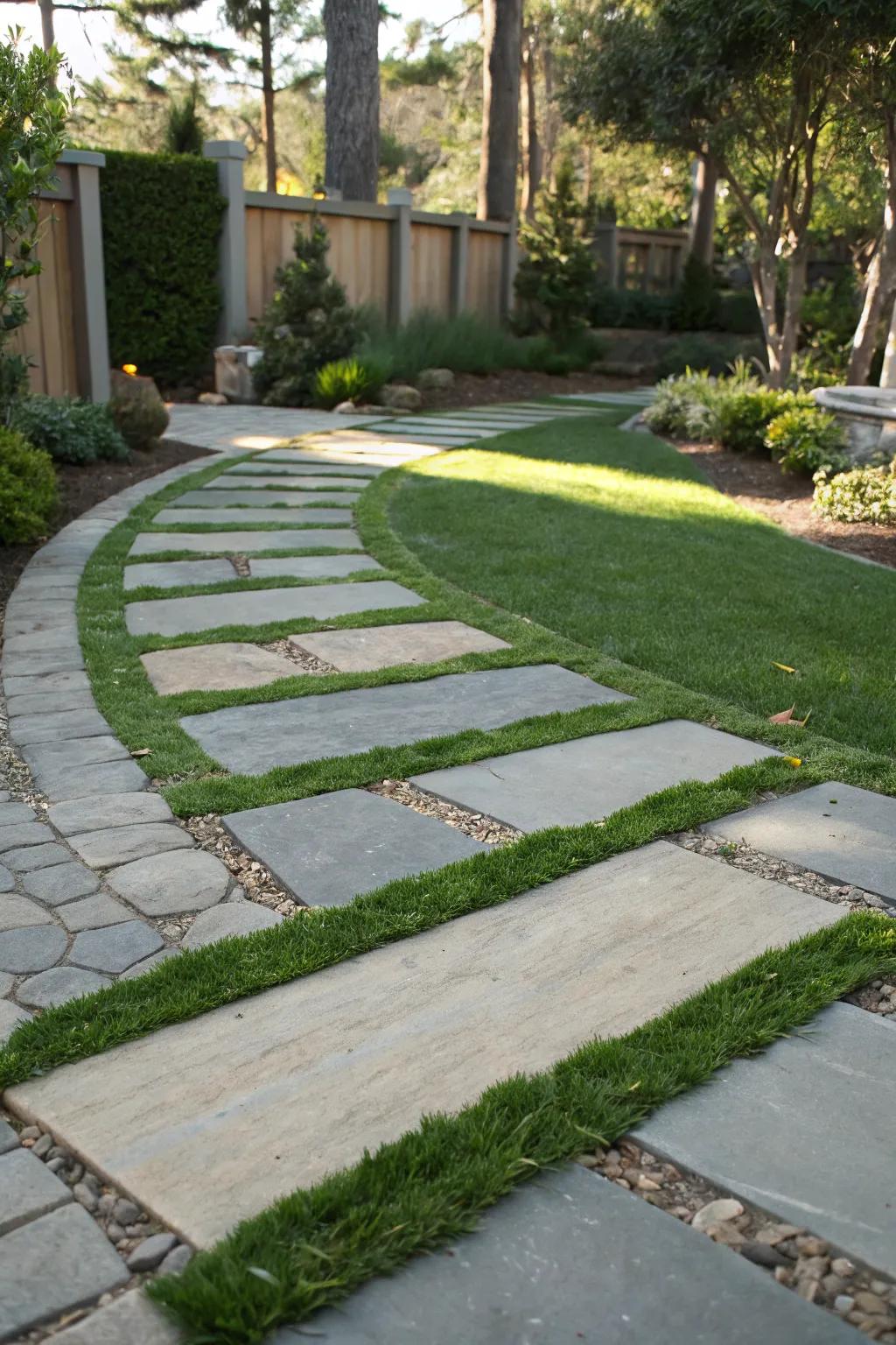 Fake turf nestled between stones for a pristine, minimal upkeep walkway.