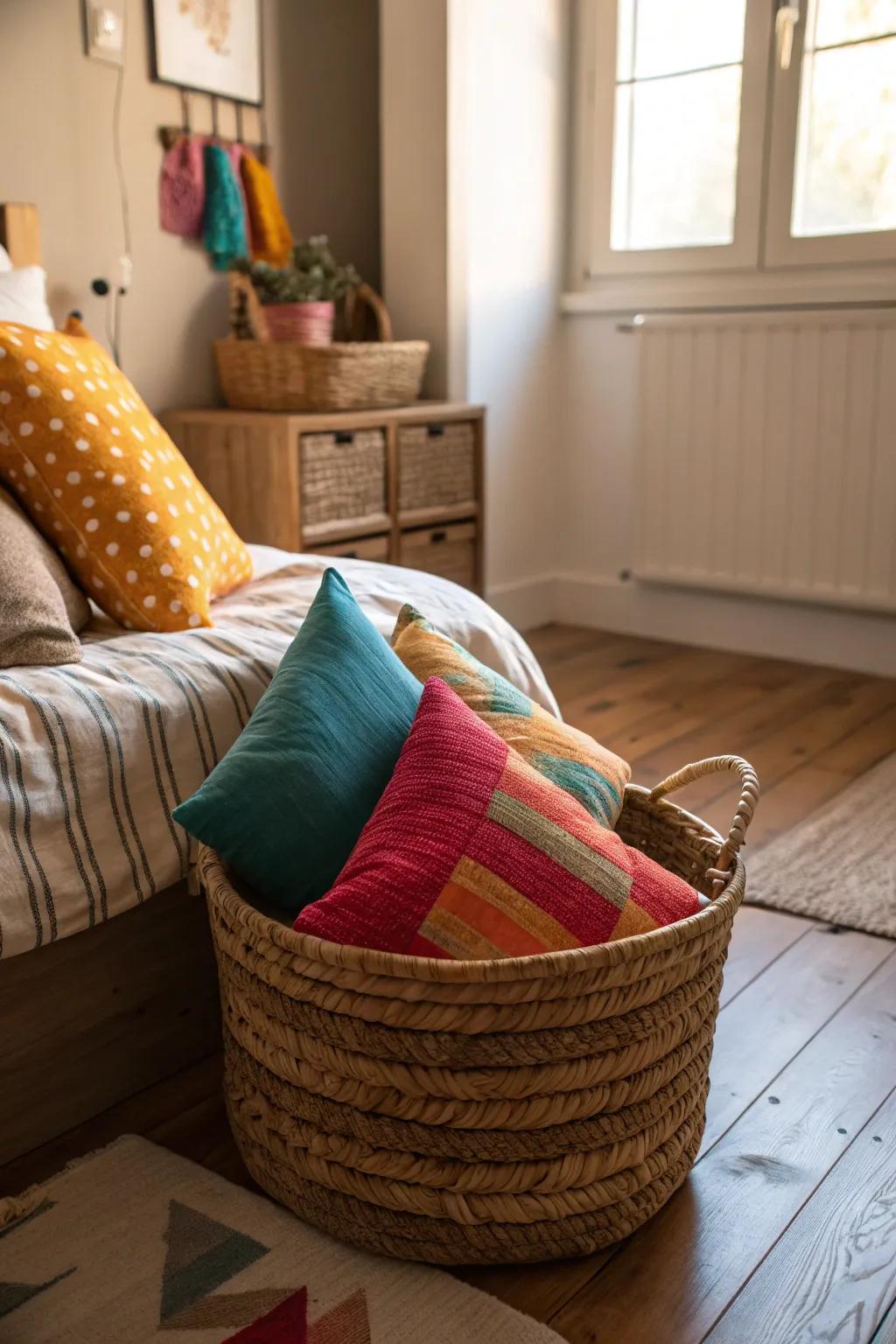 A decorative basket enhances both the look and usability, made for storing pillows.