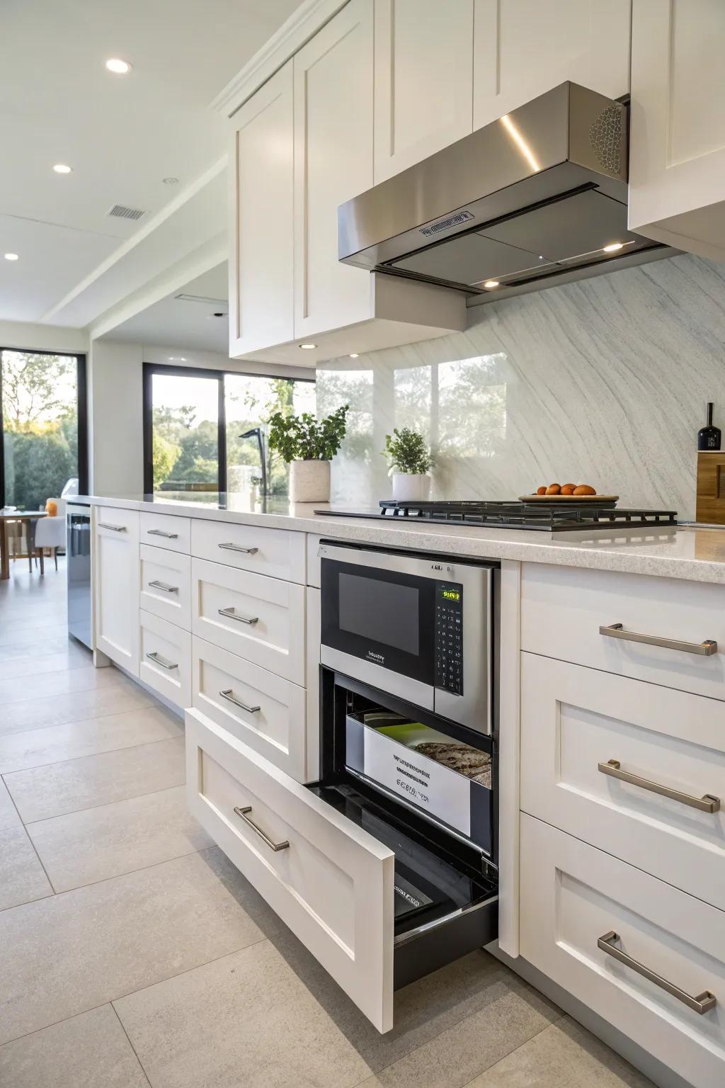 An electronic cooker slot integrated into lower furniture for a smooth look.