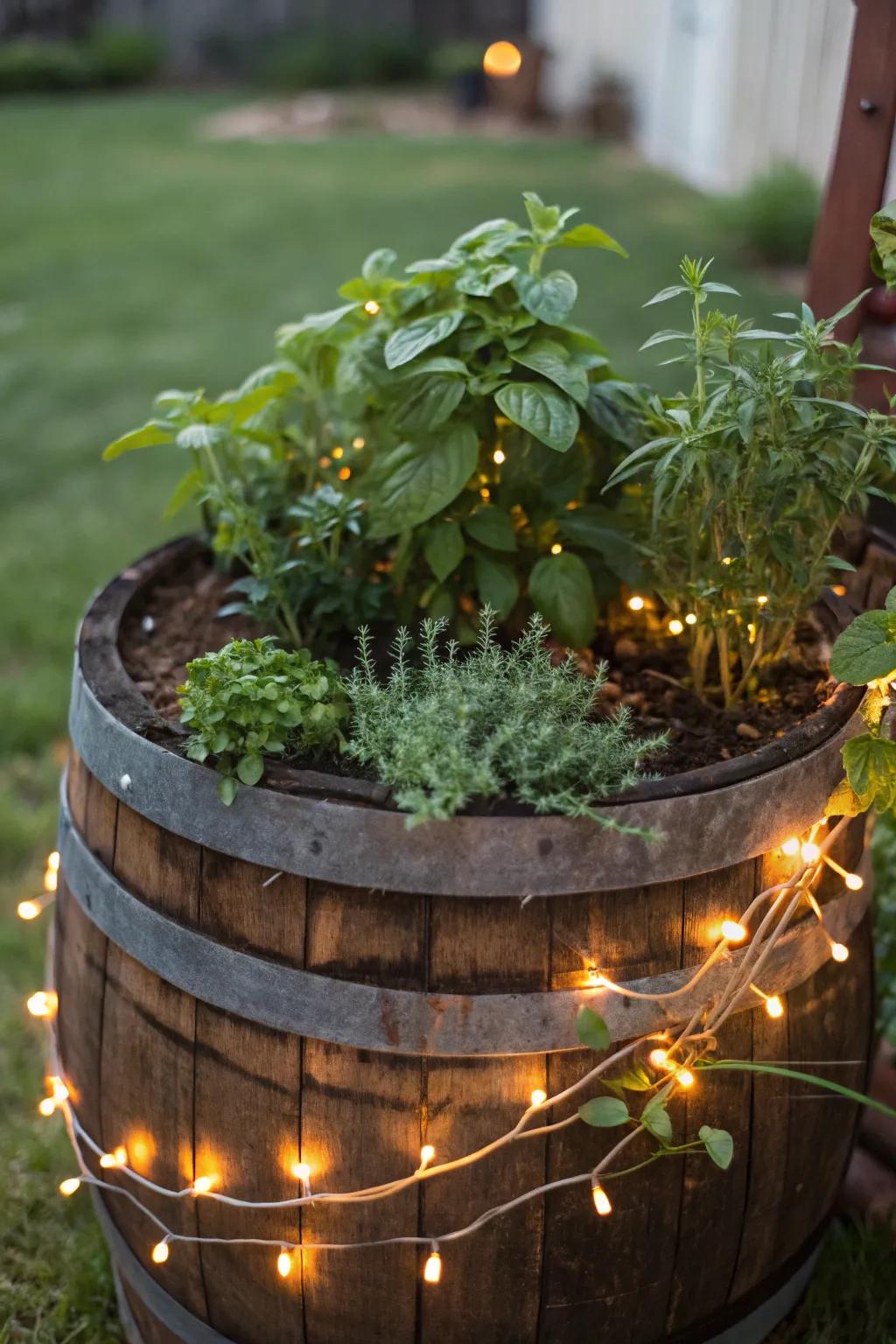 An inviting culinary herb garden illuminated with strand lights for nighttime allure.