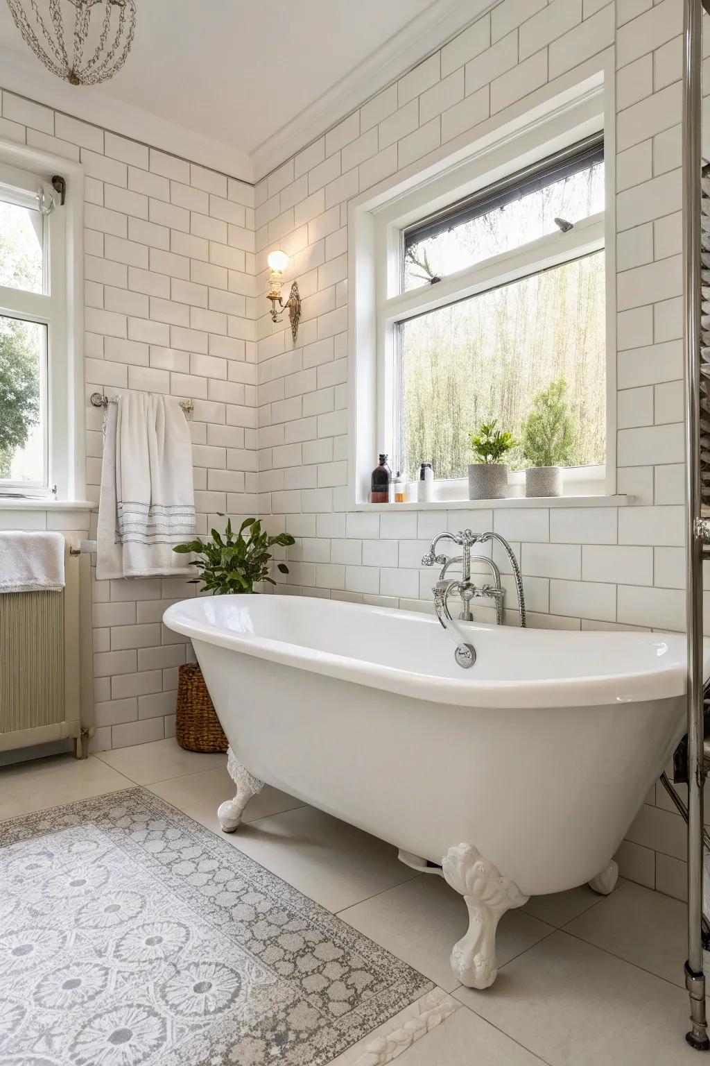 The freestanding tub acts as an opulent centerpiece in this white bathroom.