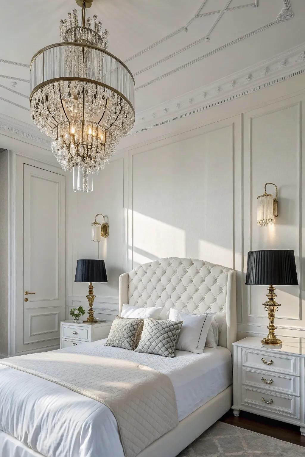 Chic illumination pieces elevate the mood of a white bedroom.