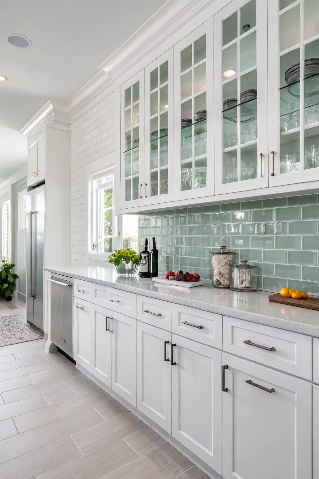 Clear wall tiles contributing a luminous touch to white cabinetry.