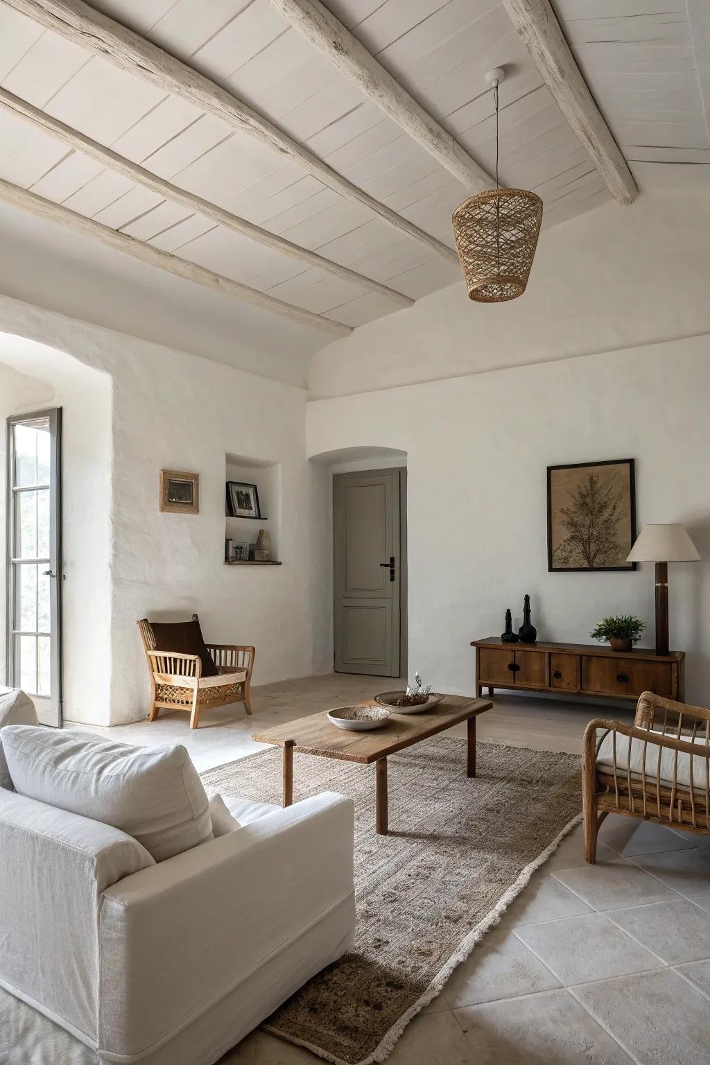 A minimalist living room with a white ceiling, offering a sense of calm and simplicity.