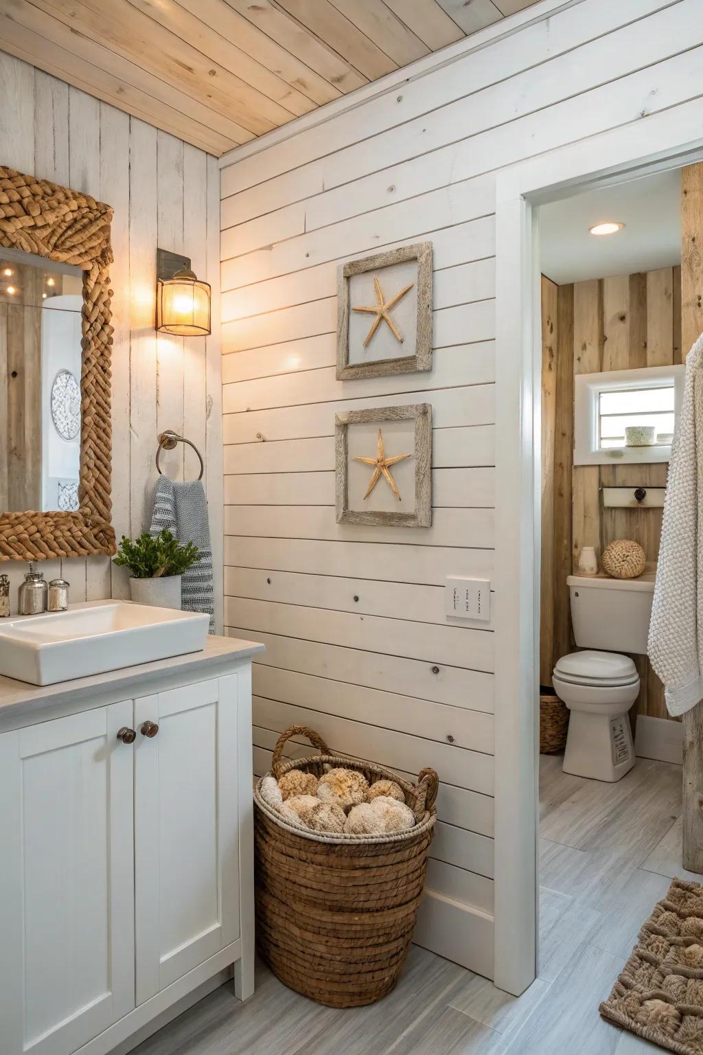 Textured plank paneling gives dimension to this coastal bathroom.