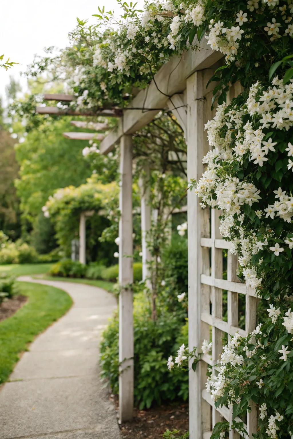 White jasmine on a framework infuses the garden with its lovely scent.