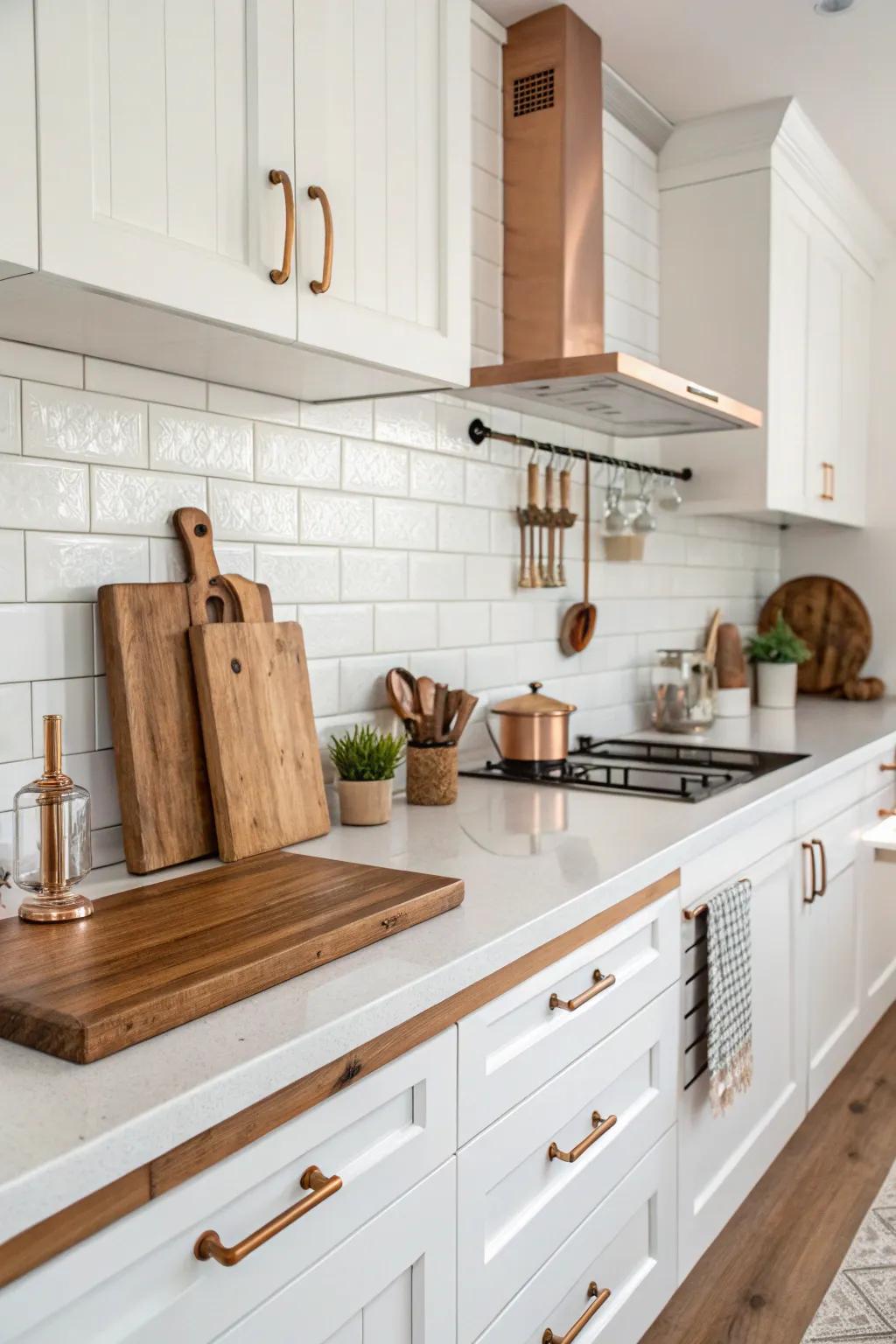 Warm copper hardware adding a vintage charm to a white kitchen.