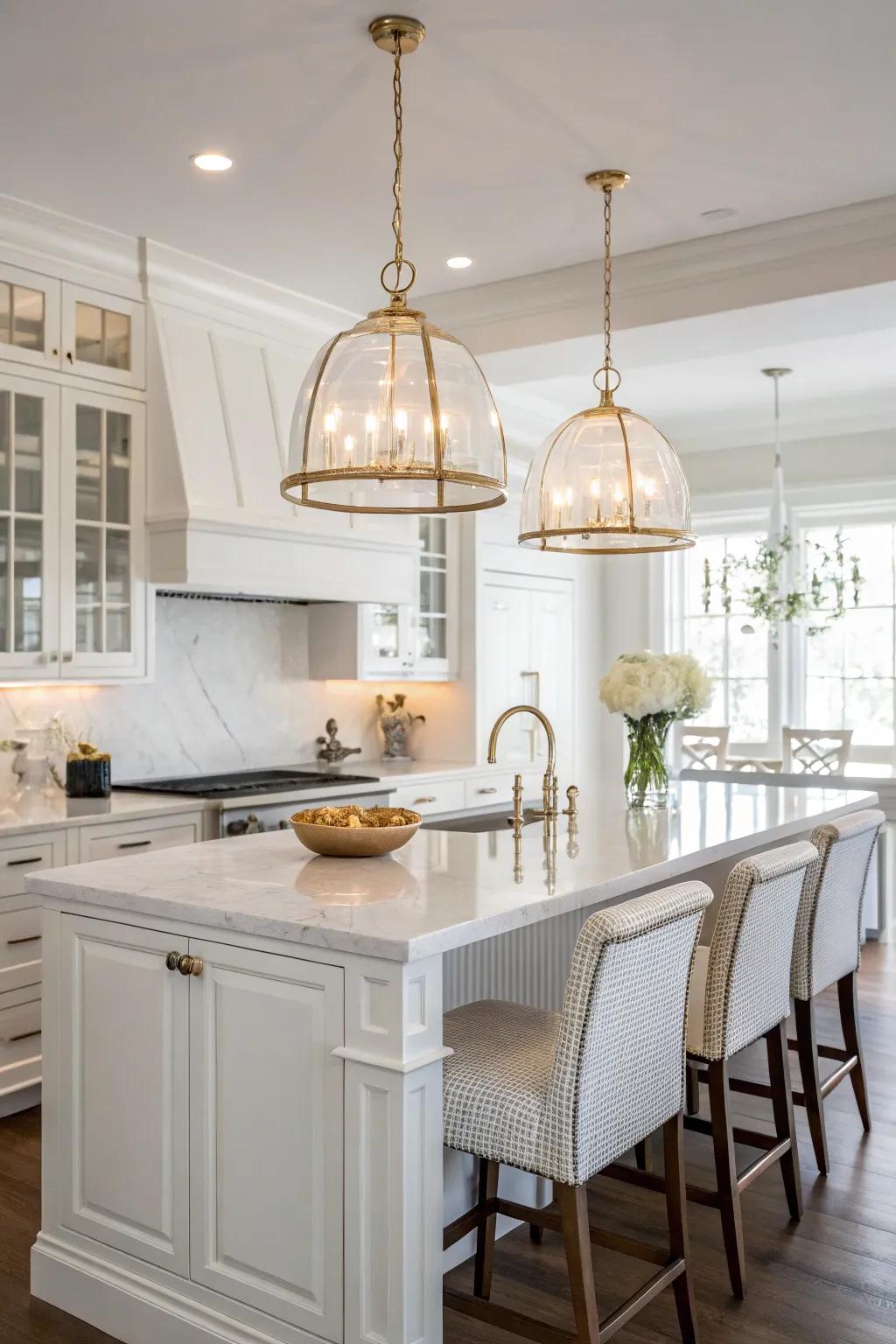 Fashionable hanging lights brighten the white kitchen space.