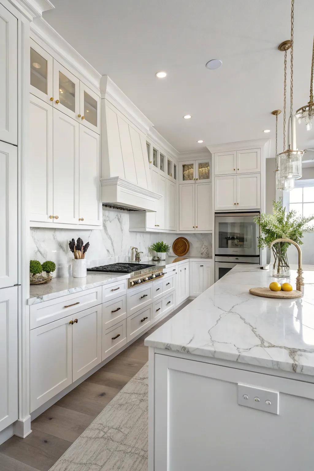 Stone surfaces introduce refinement and luminosity to the culinary space.