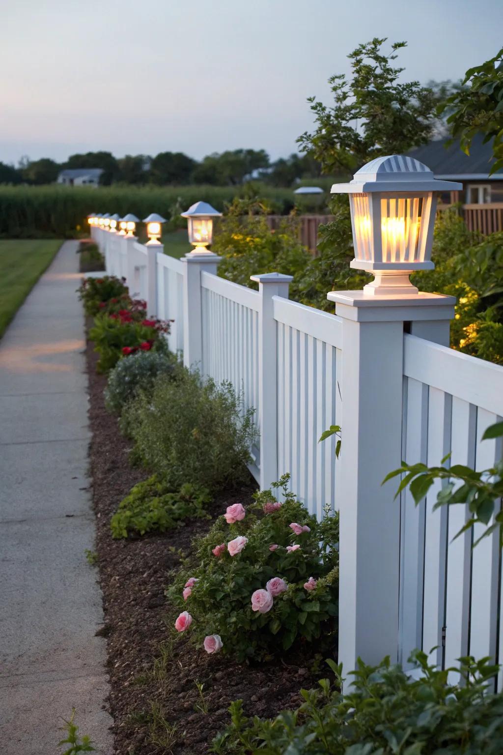 Elaborate column toppers enhance the elegance and practicality of a white privacy fence.
