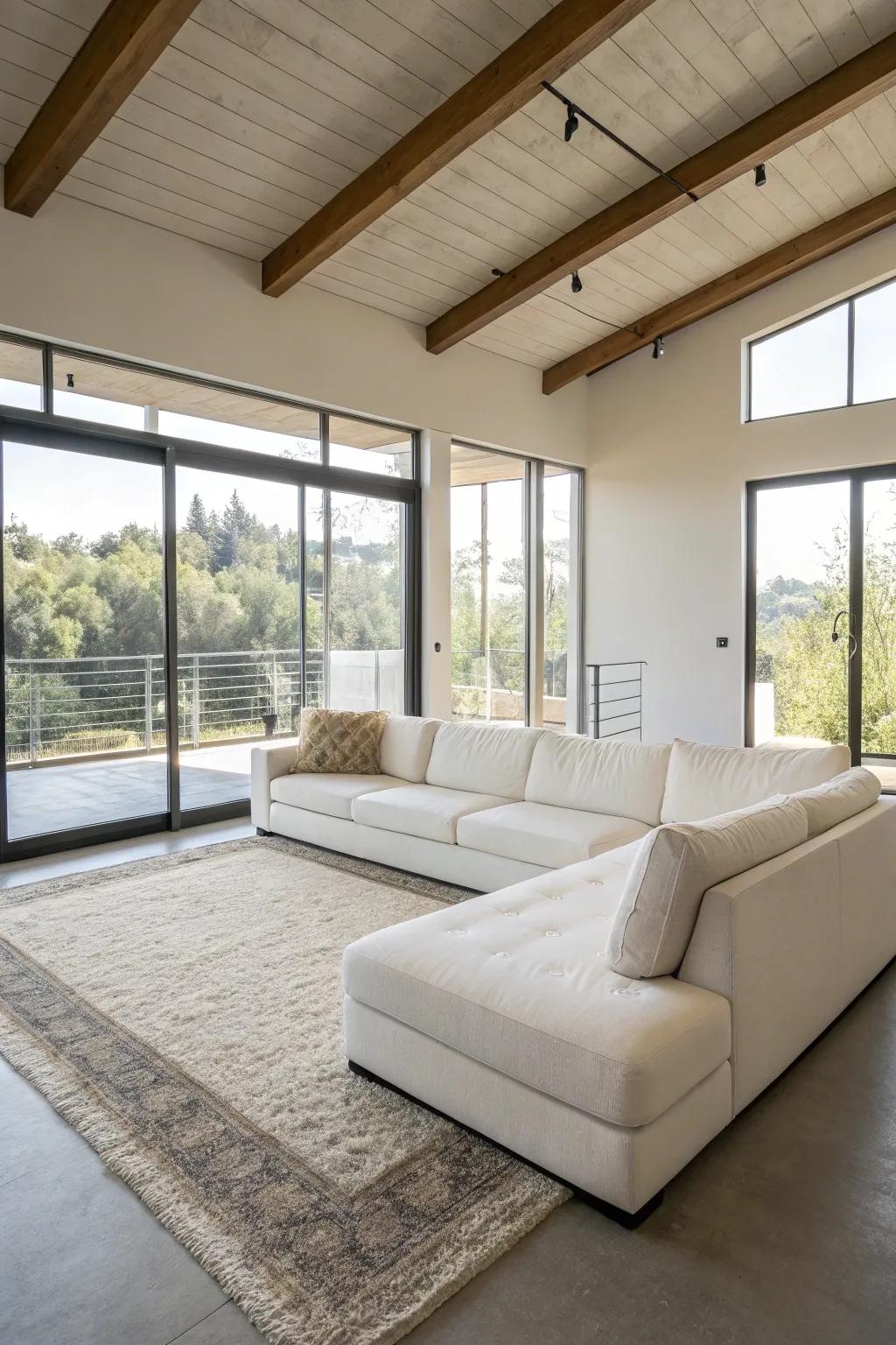 An open, airy layout with a central white sectional.