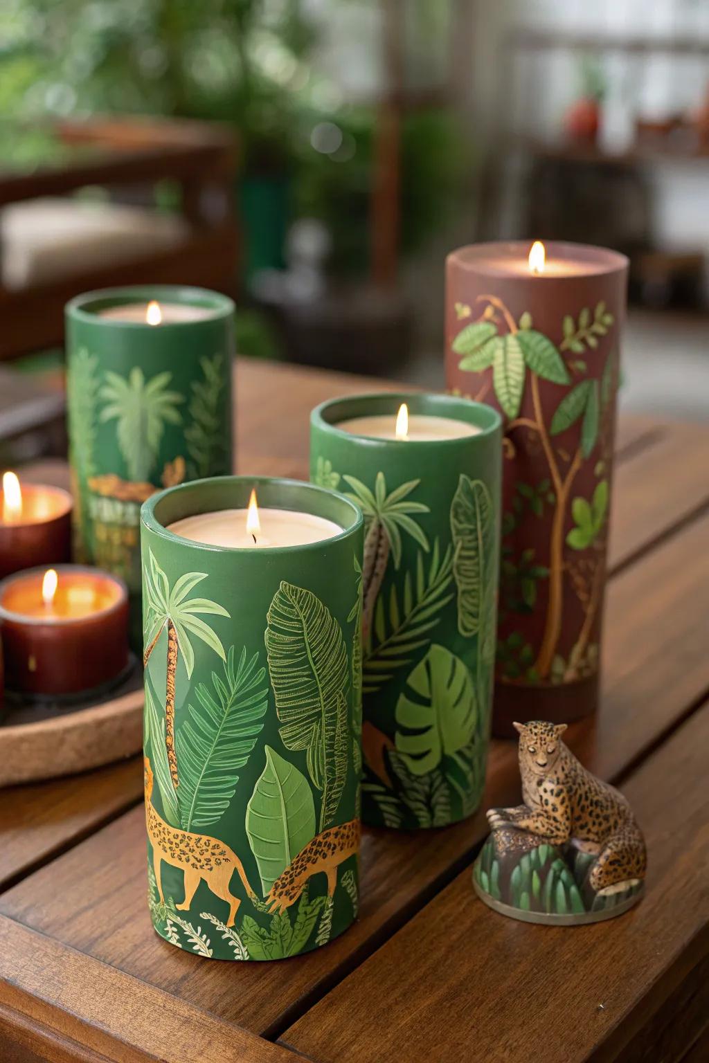 DIY safari-themed candles give party favors a warm touch.