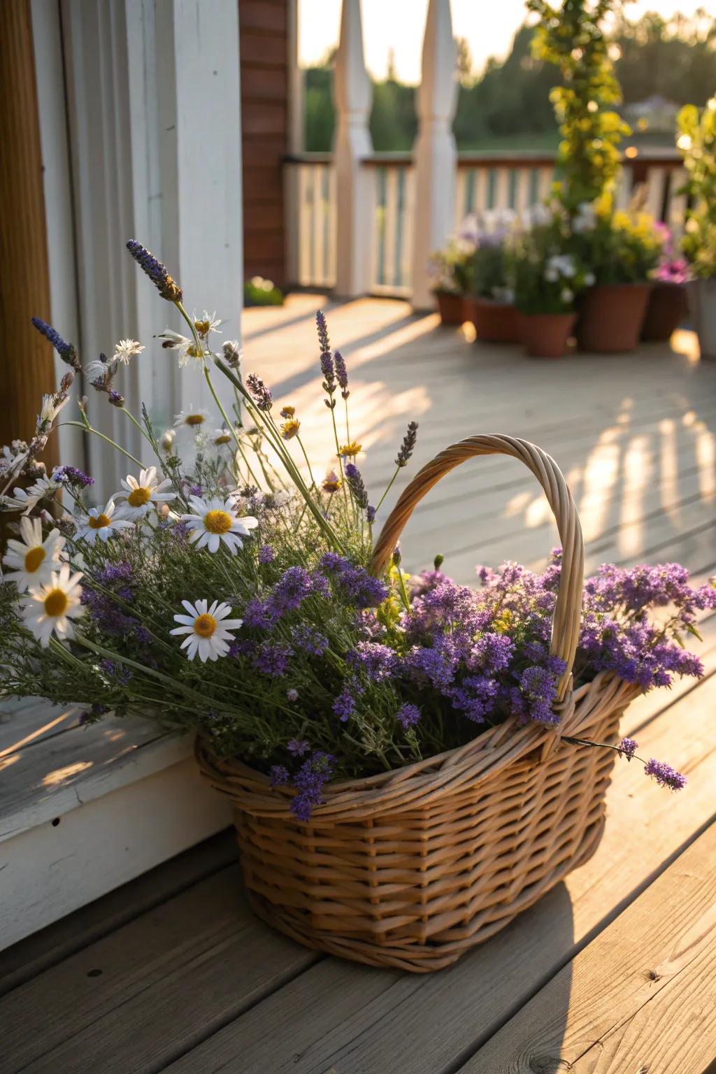 A weaved container brimming with wildflowers introduces an aspect of countryside beauty to any location.