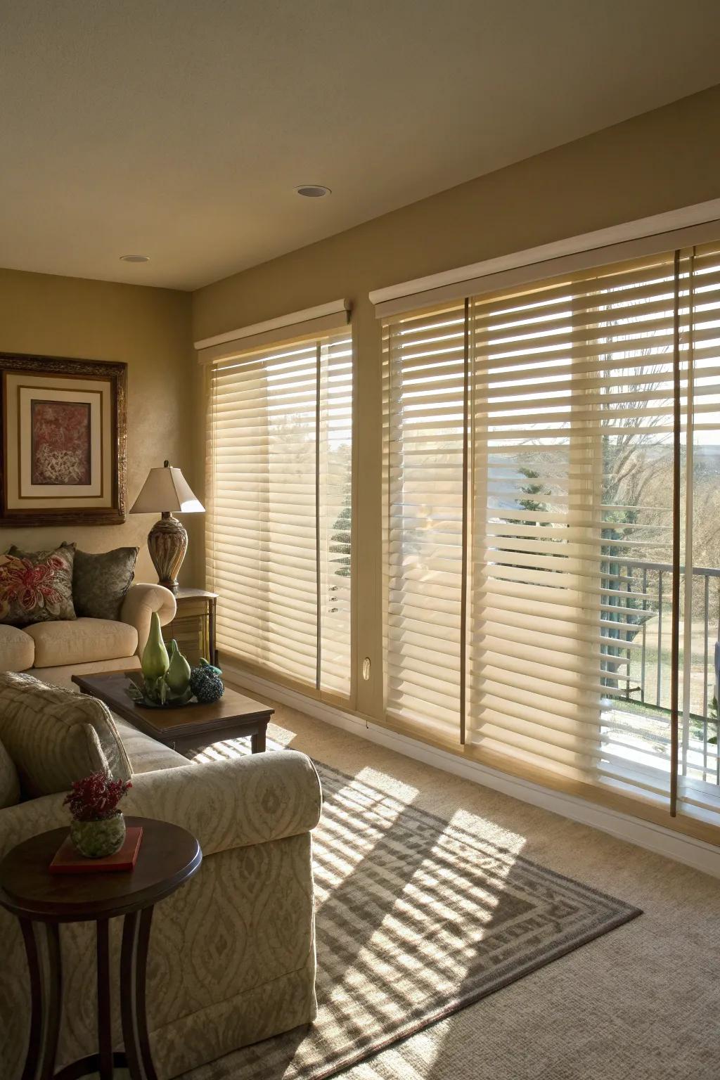 Venetian slats delivering personal space and protection in a living room.