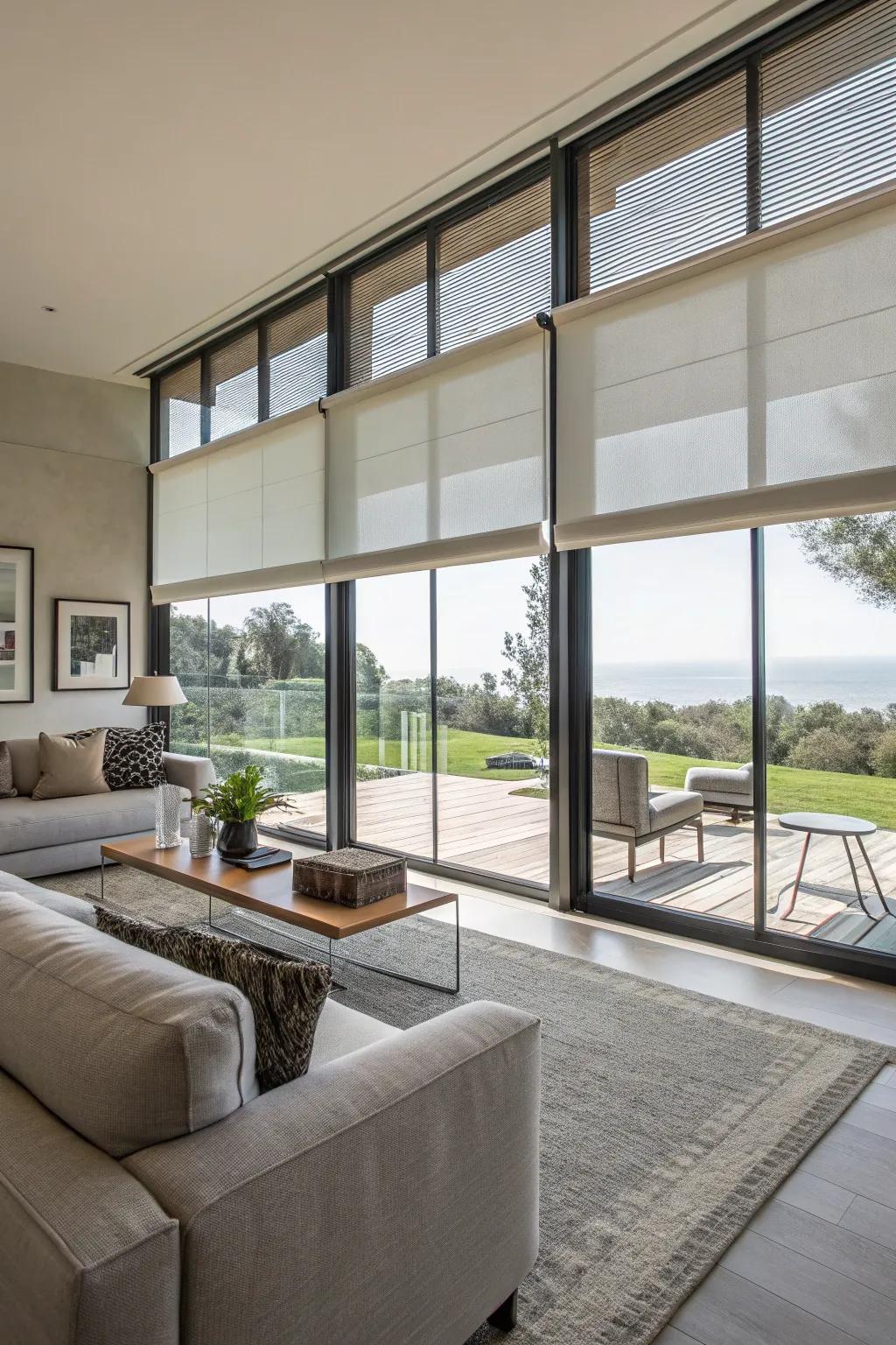 Automated blinds provide effortless management of expansive windows.
