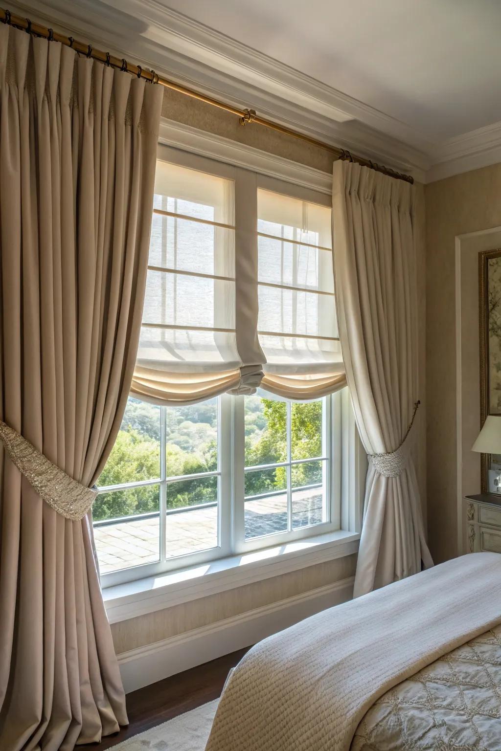 Roman shades add a tailored elegance to this bedroom window.