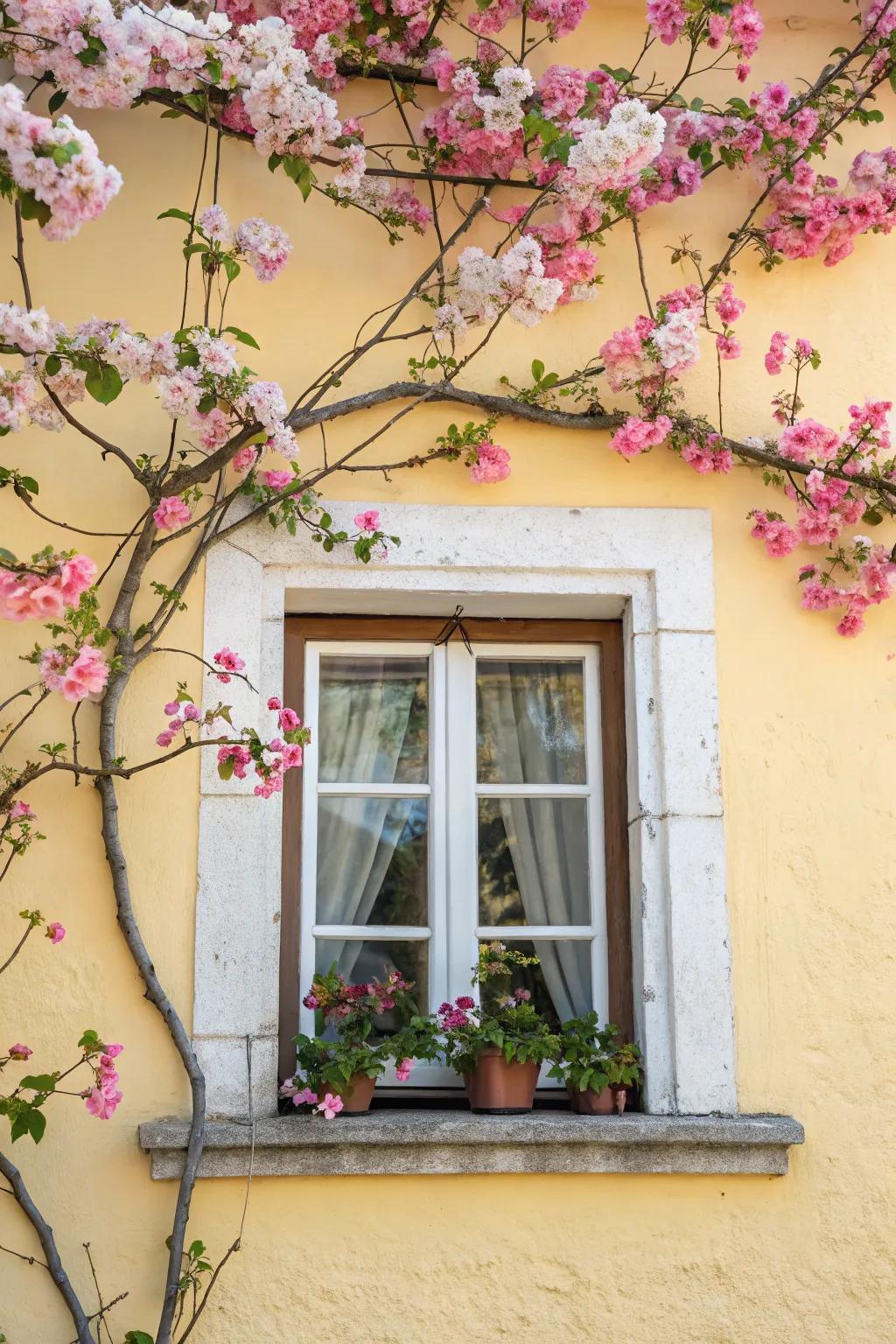 Seasonal decorations on window frames bring the outdoors in.