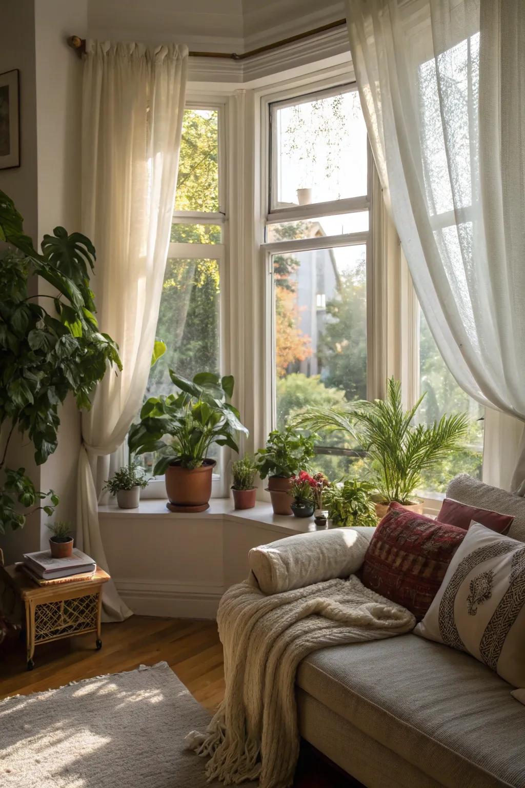 A charming bay window adding character to a living room.