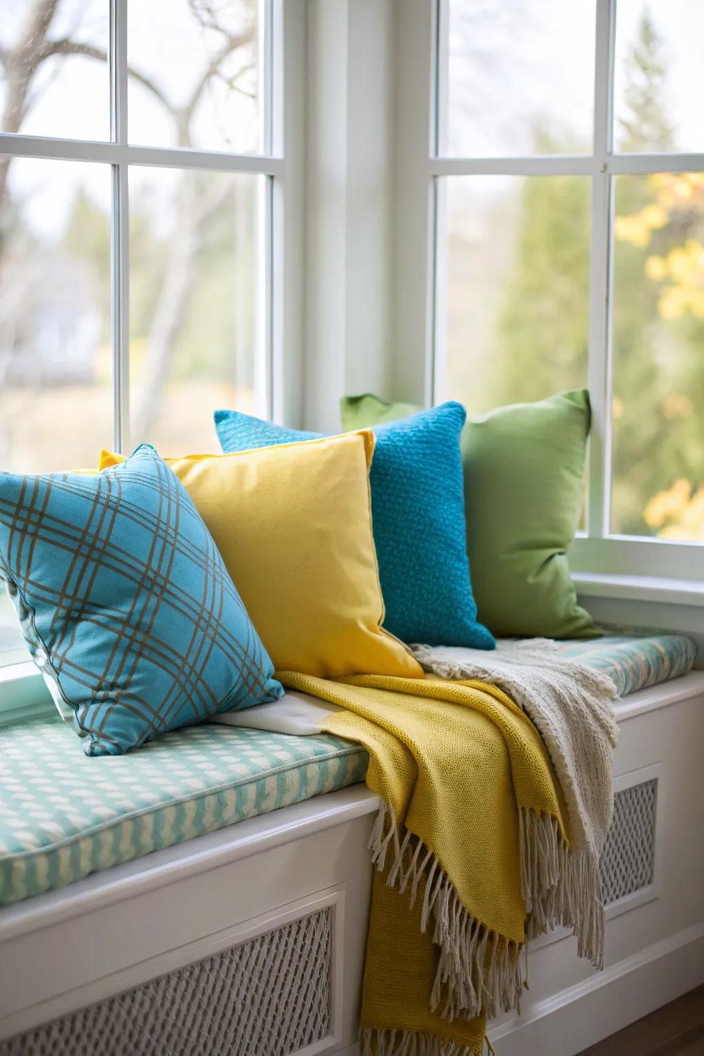 A window seat decorated with vibrant cushions and a comfortable wrap.