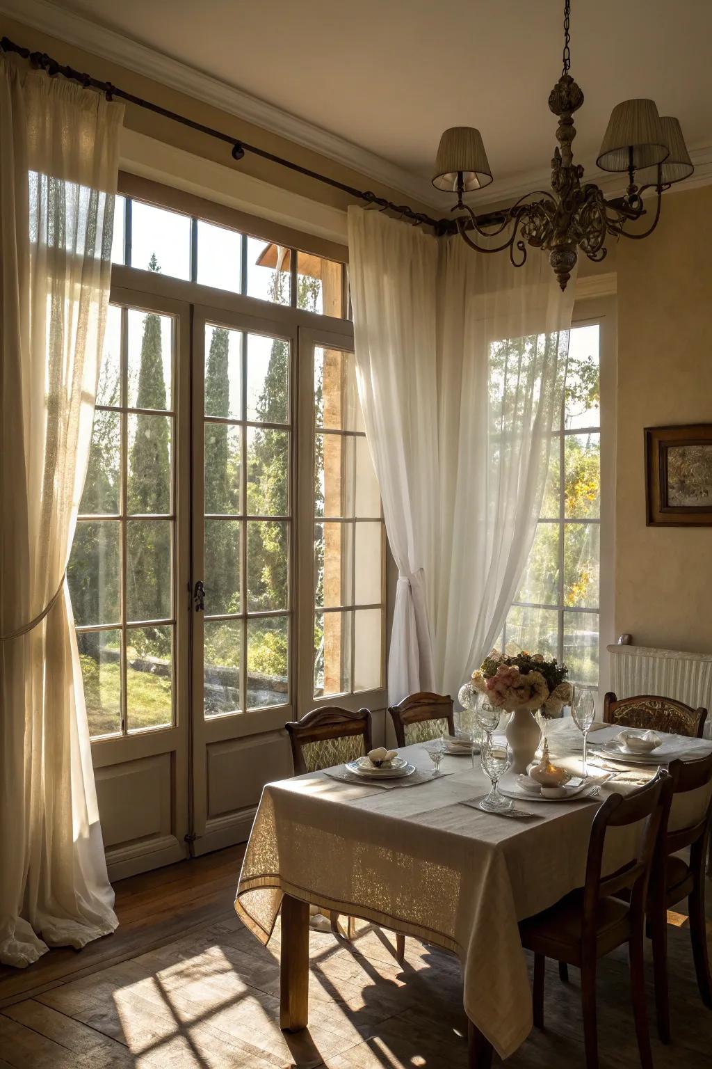 Sheer curtains provide privacy while allowing a gentle light to brighten the room.