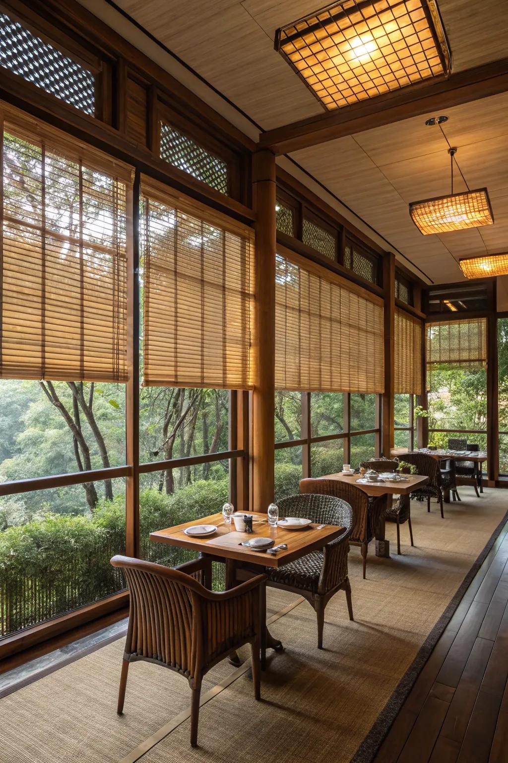 Wood weave coverings introduce a hint of nature and warmth to the decor.