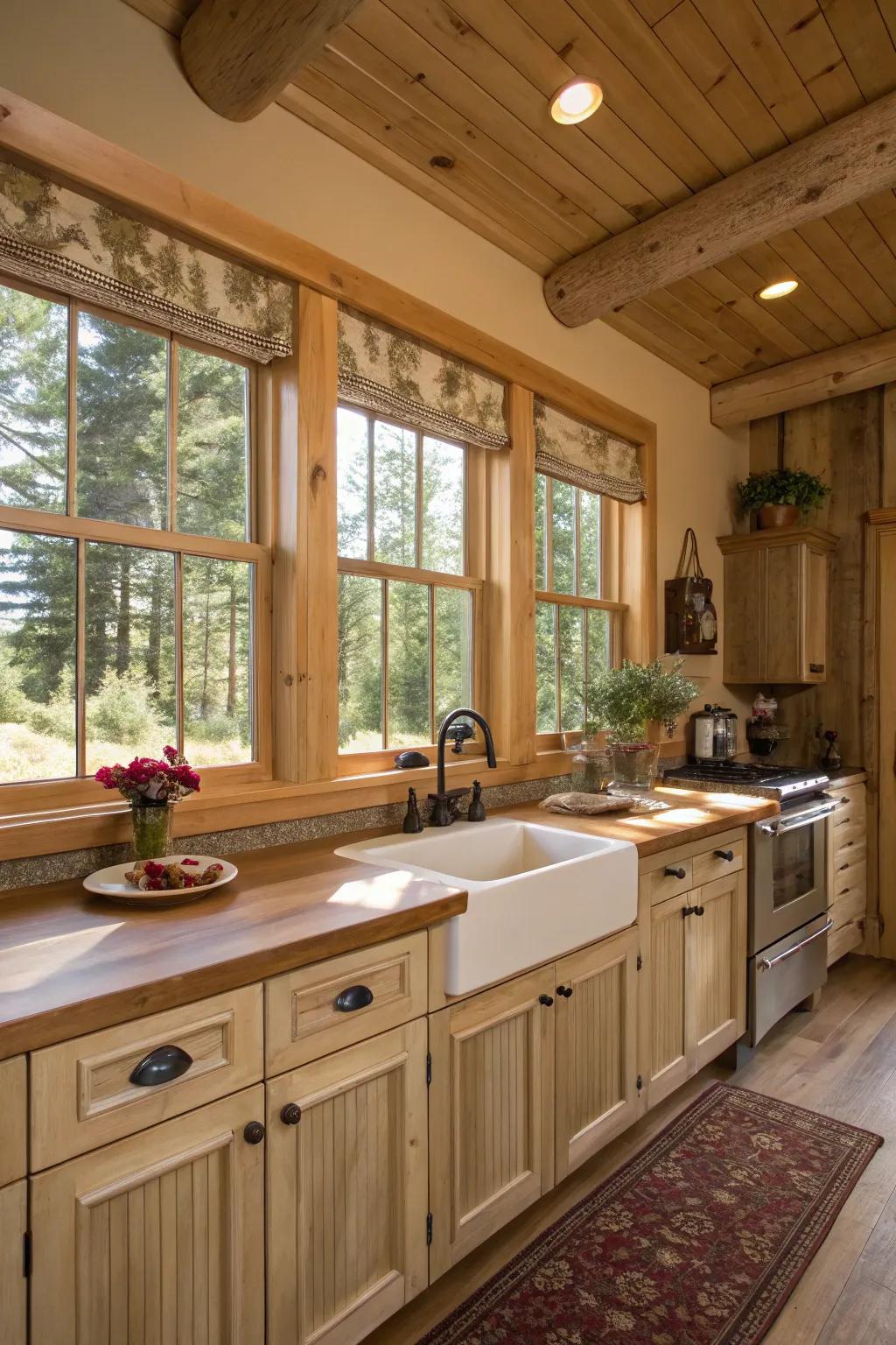 Sand window frames complement a country kitchen setting.