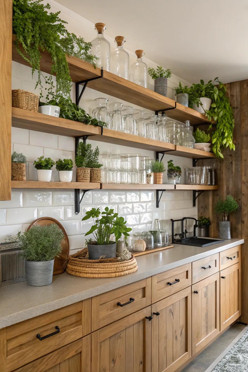 Exposed storage units add depth and style to a kitchen without windows.