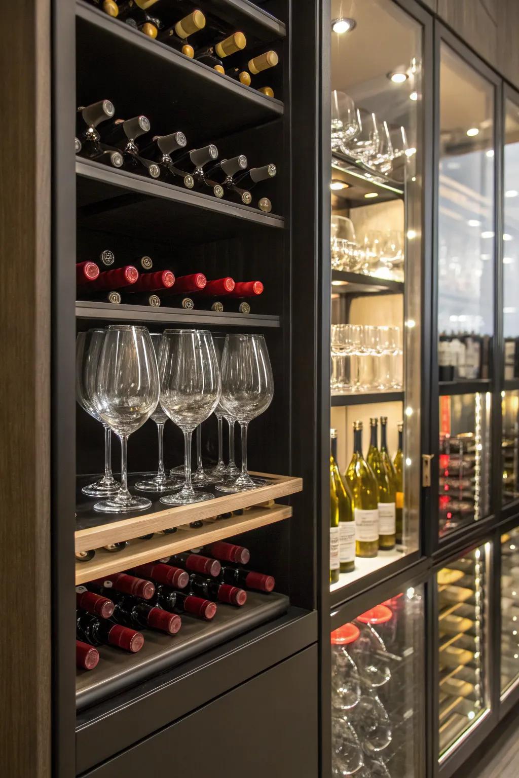 A mixed storage unit elegantly combining wine glasses and bottles.