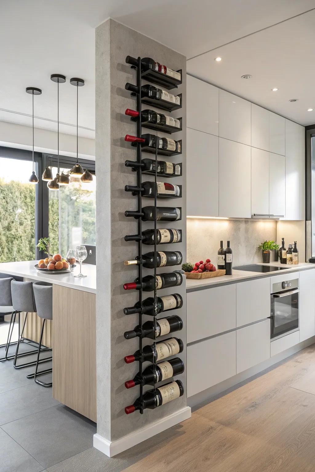 A streamlined vertical wall-mounted wine rack in a contemporary kitchen.