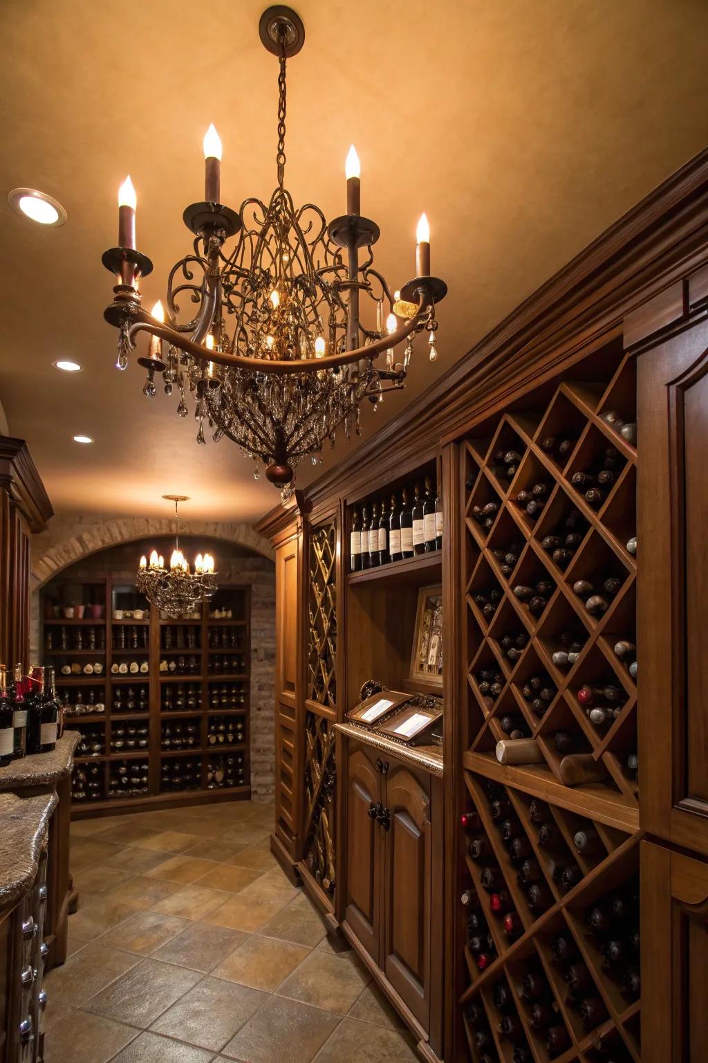 An exquisite chandelier lending appeal and elegance to the wine room.