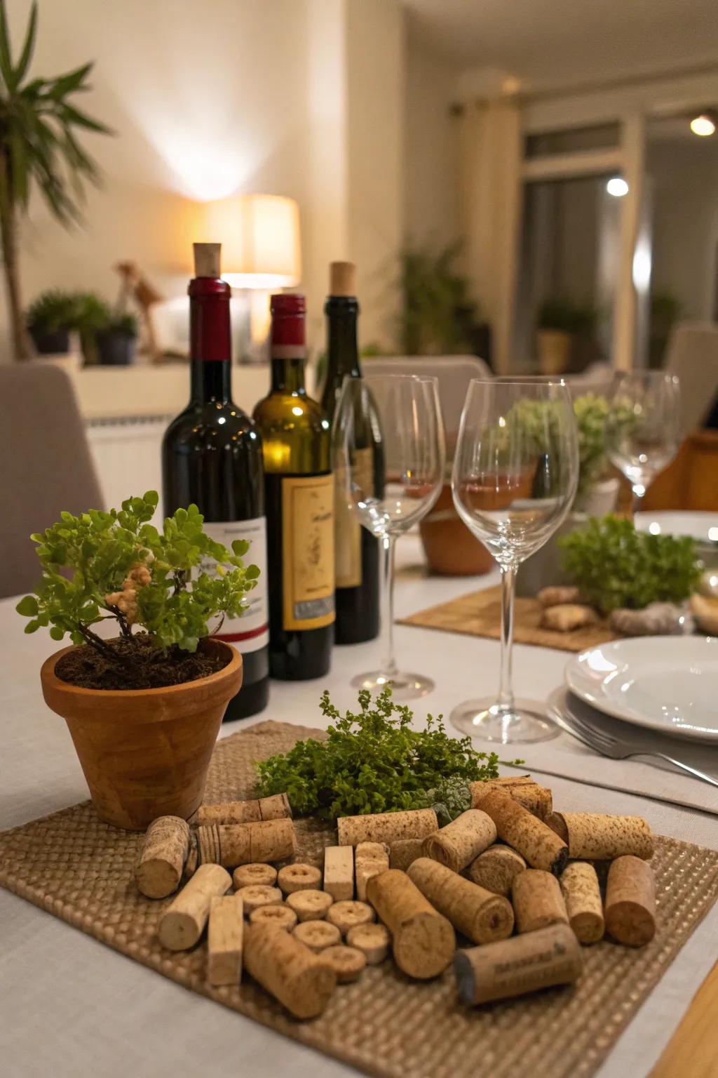 Cork decorations add a playful touch to your wine table.