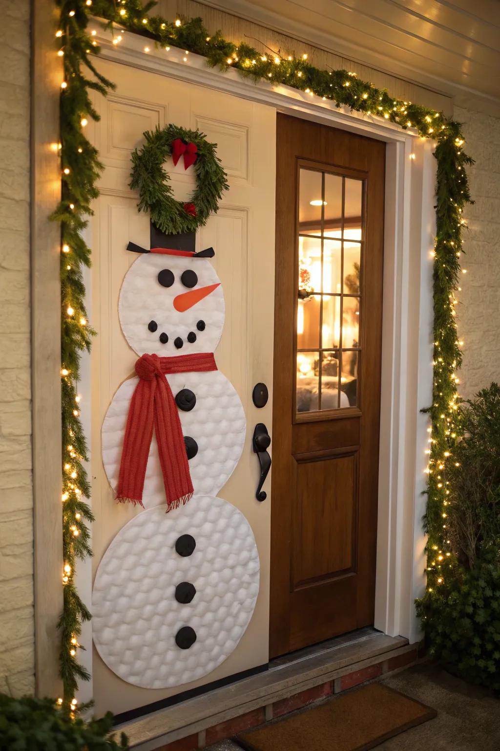 A delightful snowman door to bring smiles and cheer.