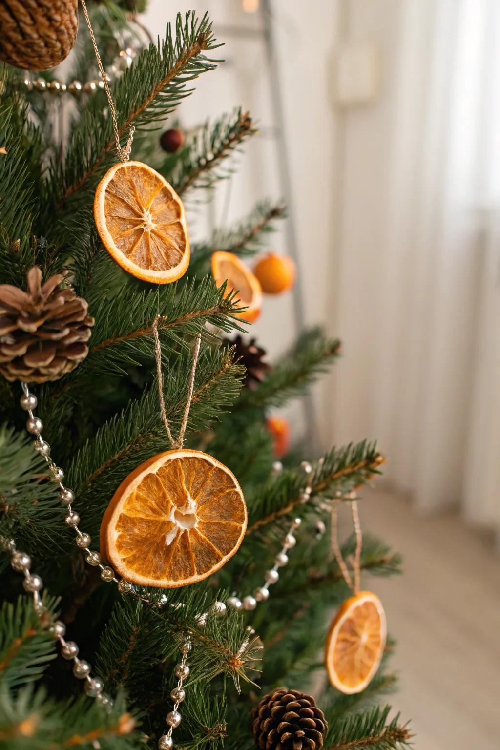 Dehydrated citrus section ornaments carry innate radiance to a holiday tree.