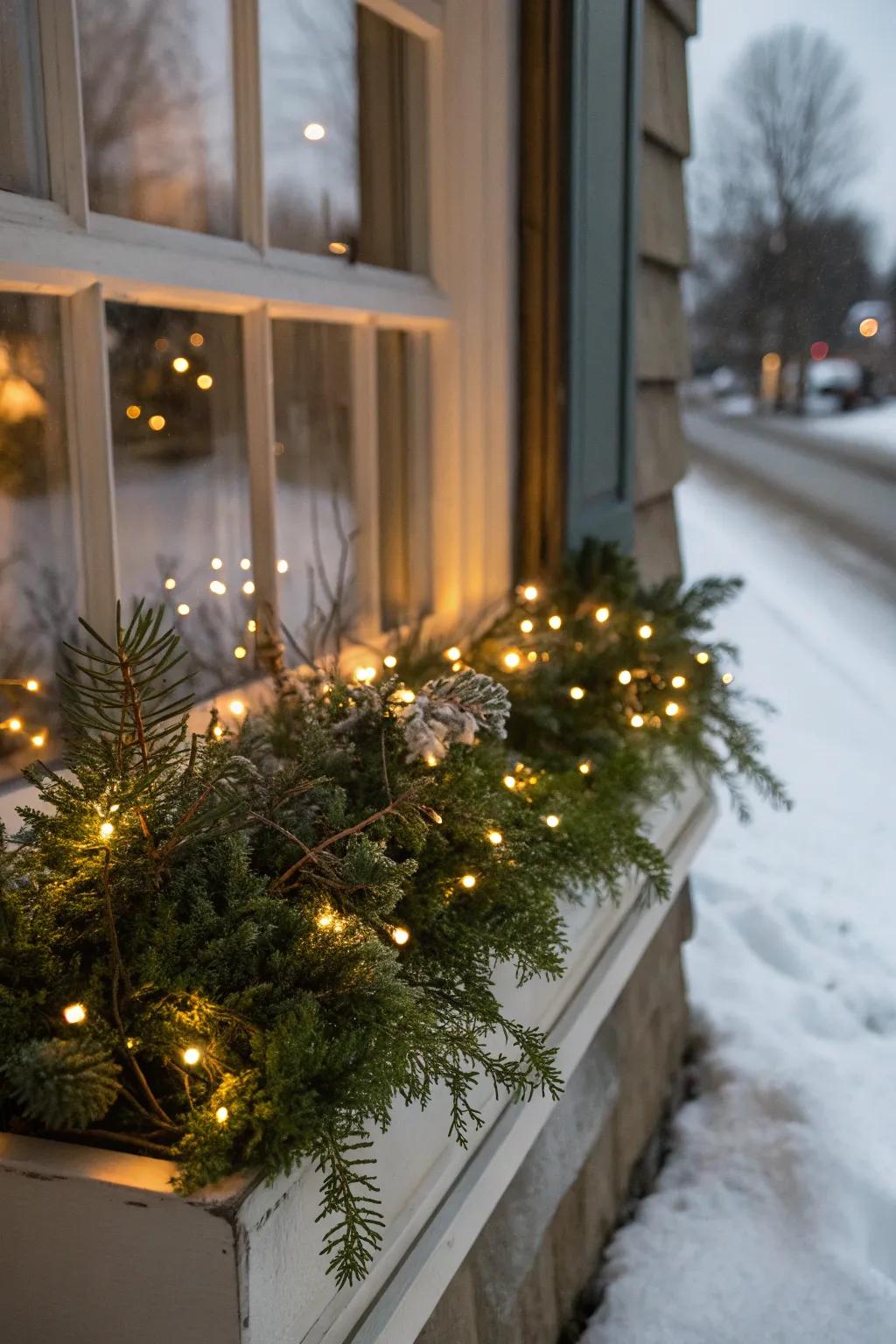 Twinkling lights encircling greenery fashion a captivating winter window box.