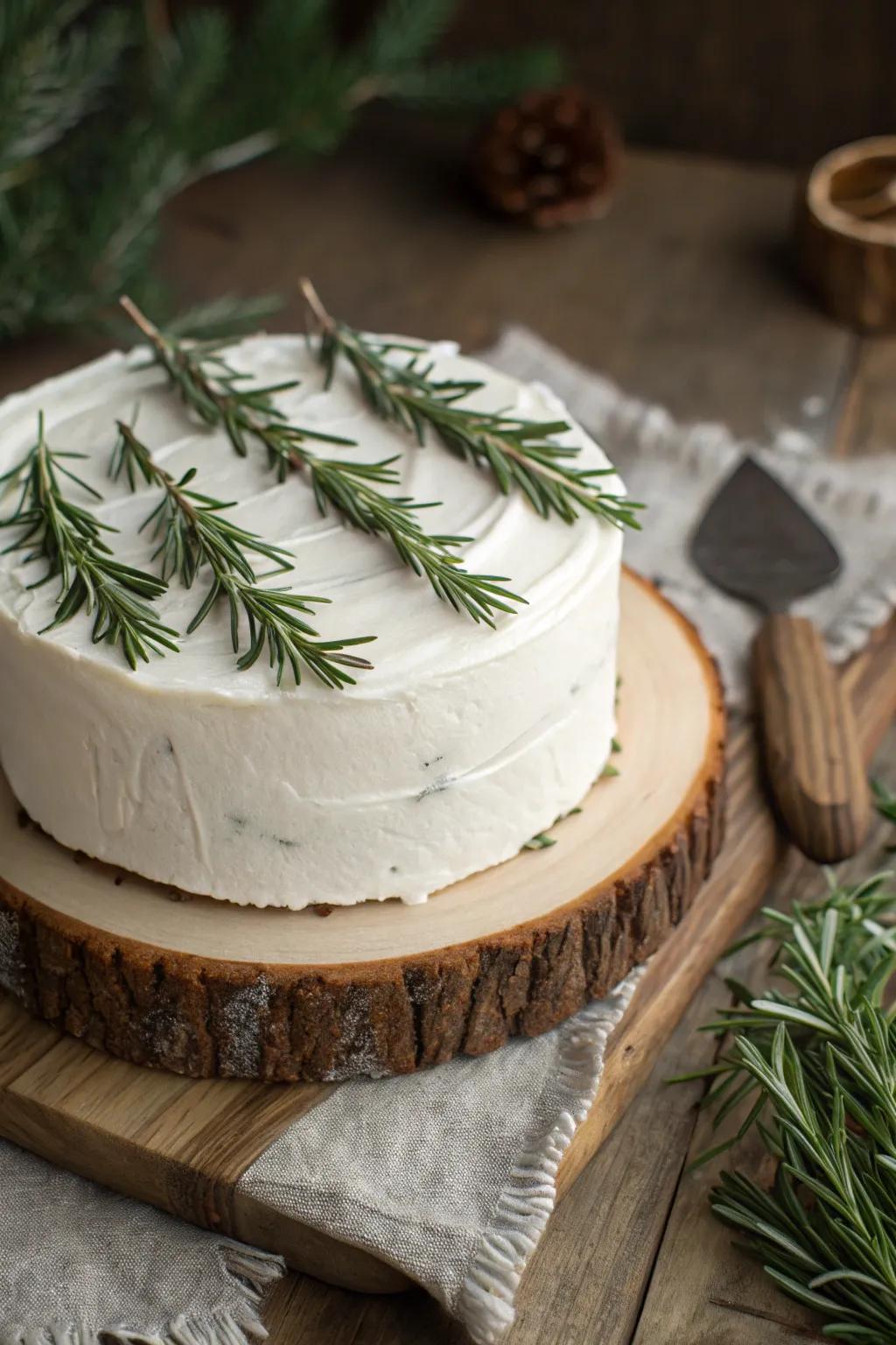 Glazed evergreens made from rosemary sprigs, adorning a winter cake.
