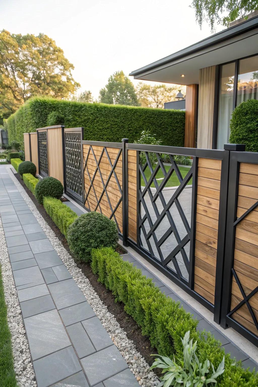 A fence featuring impressive geometric patterns formed using wood and metal.