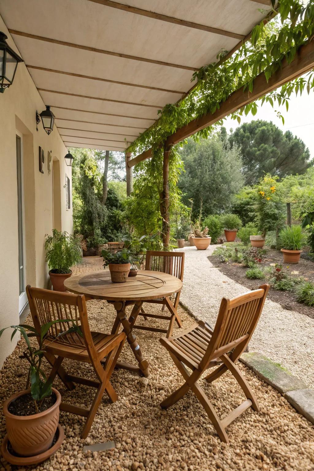 <strong>Wood chips</strong> contribute to a cozy and welcoming patio vibe.” loading=”lazy” class=”pimg”>
	</picture><figcaption><strong>Wood chips</strong> contribute to a cozy and welcoming patio vibe.</figcaption></figure>
<p>Opt for <strong>wood chips</strong> as a foundation for a patio that exudes rustic charm without breaking the bank. In my experience, it’s fostered an inviting ambiance that’s perfect for outdoor gatherings.</p>
<h3>A few choices to try:</h3>
<ul class=