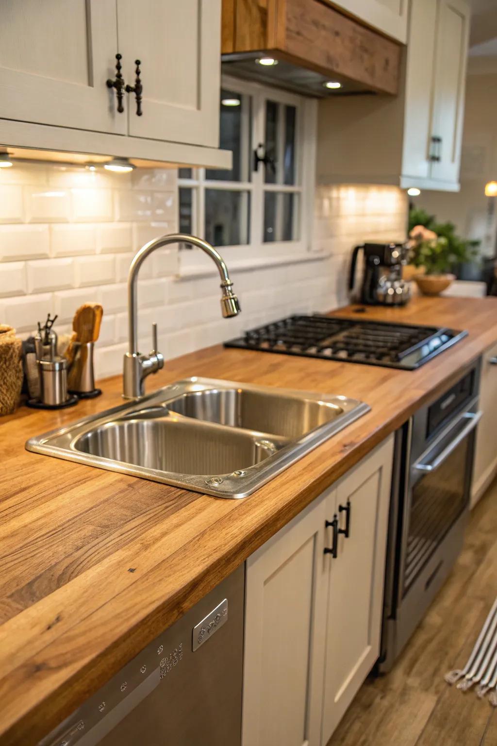 A harmonious blend of timber and steel for a balanced cooking area design.