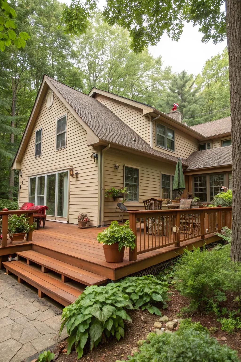 A nature-inspired sienna wood deck gives a vibrant touch to a tan house, mixing beautifully with outdoor settings.