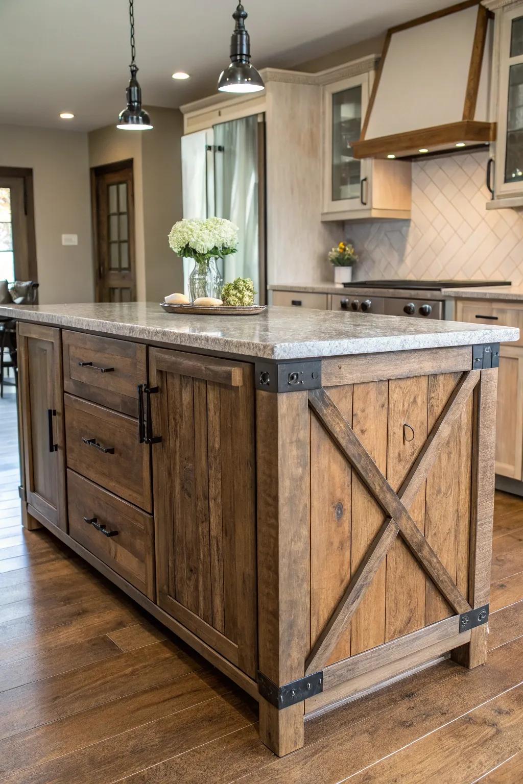 A stunning island that combines wood, metal, and stone for a modern aesthetic.