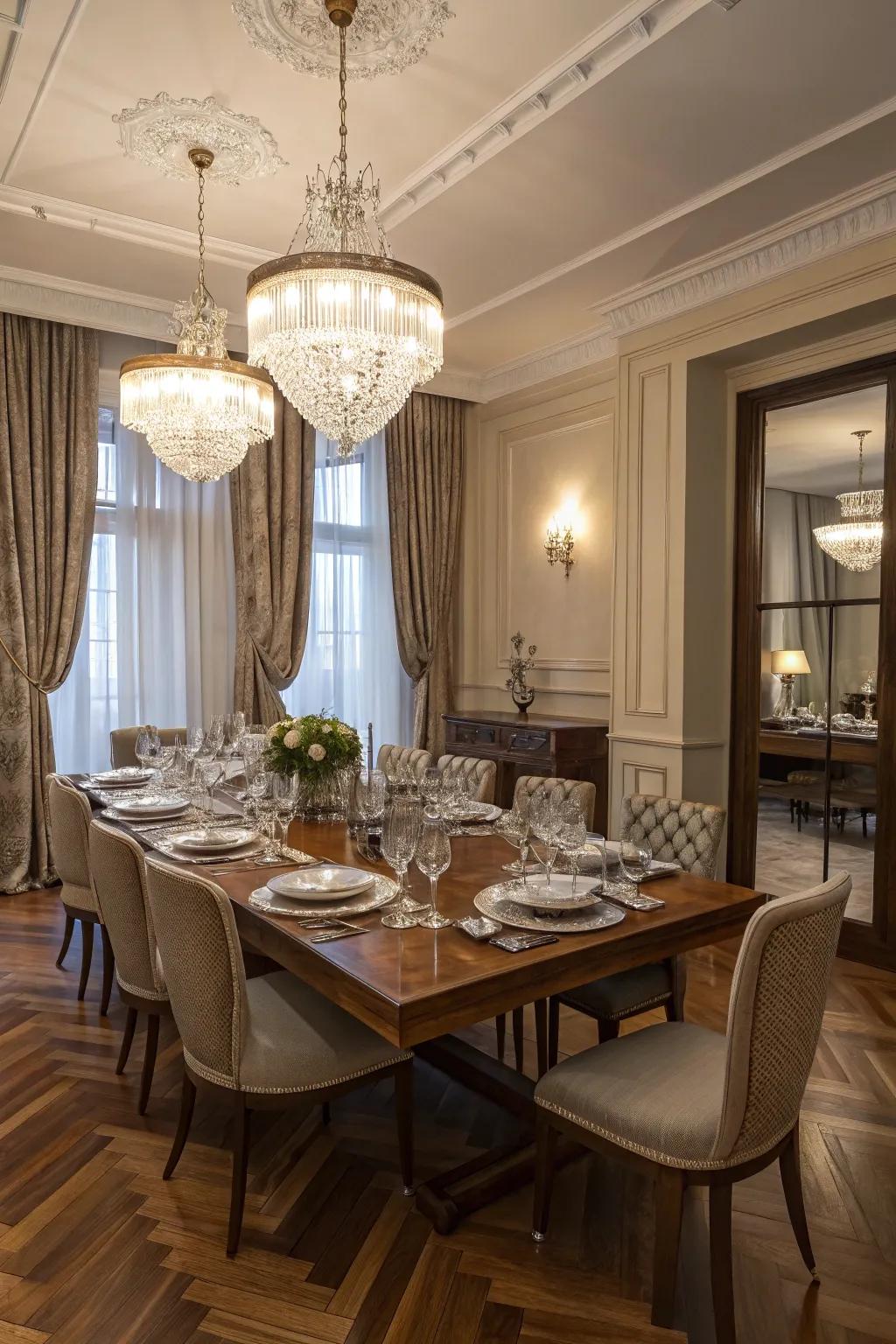 A sophisticated dining area highlighting the dramatic double herringbone wood floor.