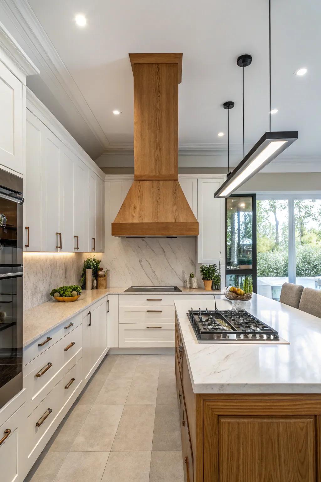 A simple wooden ventilation hood offers modern, streamlined elegance.